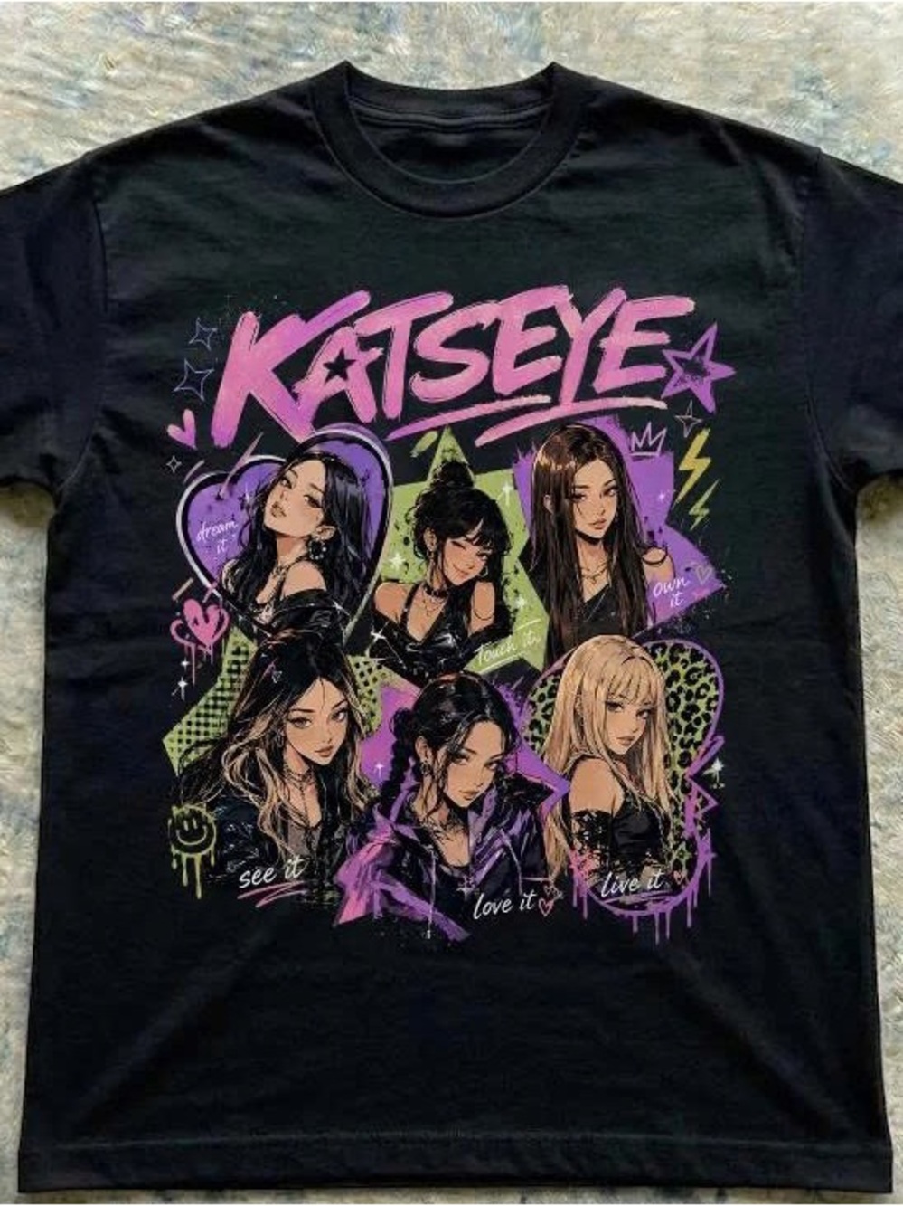 Gildan Black Tee with Pink and Green Anime Graphic